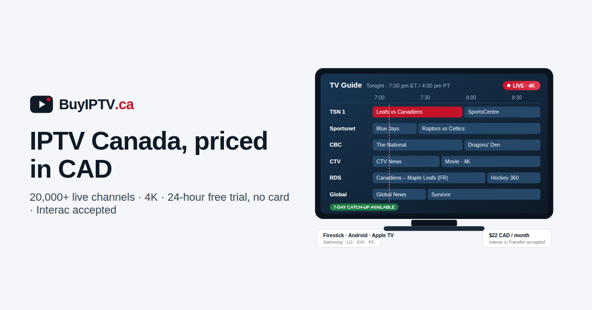 IPTV Canada TV guide with Sportsnet, TSN, CBC, CTV and RDS feeds, priced in CAD