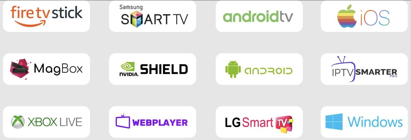 Devices an IPTV Canada subscription runs on: Fire TV Stick, Samsung, Android TV, iOS, MAG, Nvidia Shield, LG and Windows
